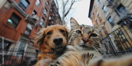 Pixelated cat and dog take a selfie in new york city photo