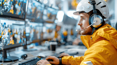 Engineer working with multiple monitors in control room, wearing protective gear and headset, focused on operations.