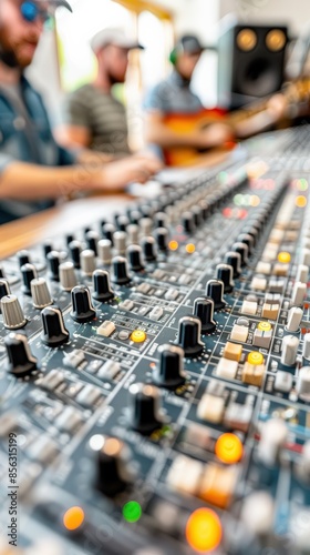Wallpaper Mural Close-up of a professional sound mixing console with blurred musicians in the background, capturing the essence of music production. Torontodigital.ca