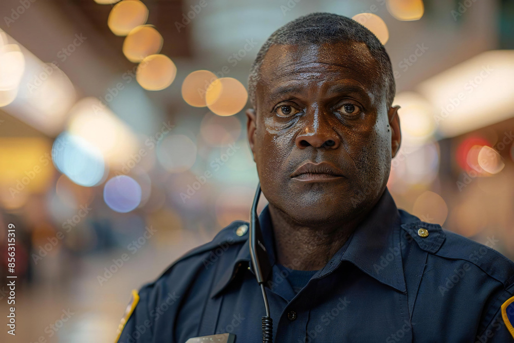 Serious African American Mall Security Guard Keeping Shoppers Safe with Walkie Talkie in Hand