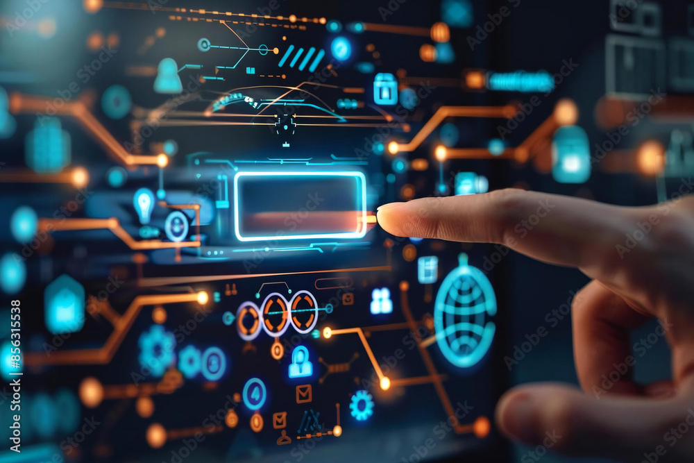 Close-up Image of Hand Reaching for Virtual Contact Us Button on Computer Screen, Surrounded by Office and Communication Icons Close-up Image of Hand Reaching for Virtual Contact Us Button on Computer Screen, Surrounded by Office and Communication Icons