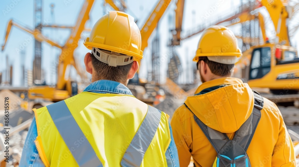 Construction workers wearing safety helmets and reflective vests on a busy construction site with cranes in the background. Construction workers wearing safety helmets and reflective vests on a busy construction site with cranes in the background.