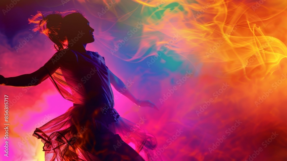 A womans silhouette dances amidst vibrant, swirling colors A womans silhouette dances amidst vibrant, swirling colors
