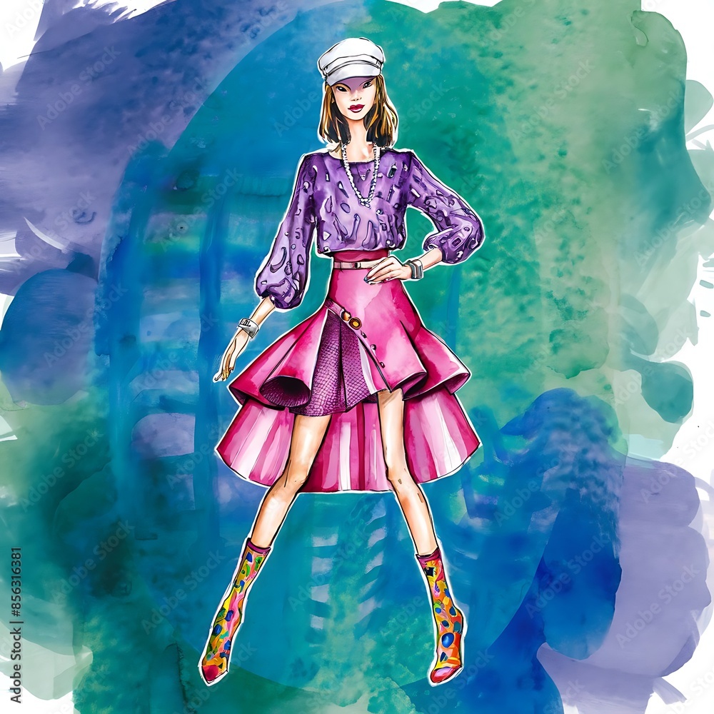 Fototapeta premium Colorful Watercolor Fashion Girl Line Art