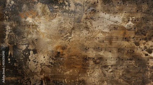 Close-up of weathered sheet music with brown and black hues photo