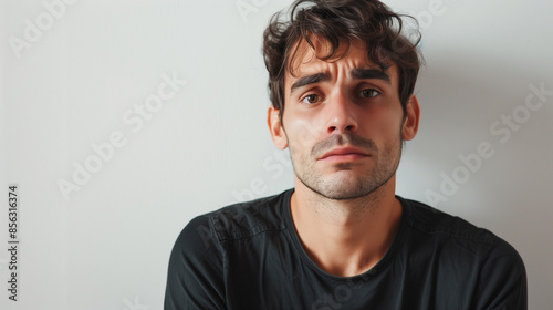 sad guy looking forward on a light background