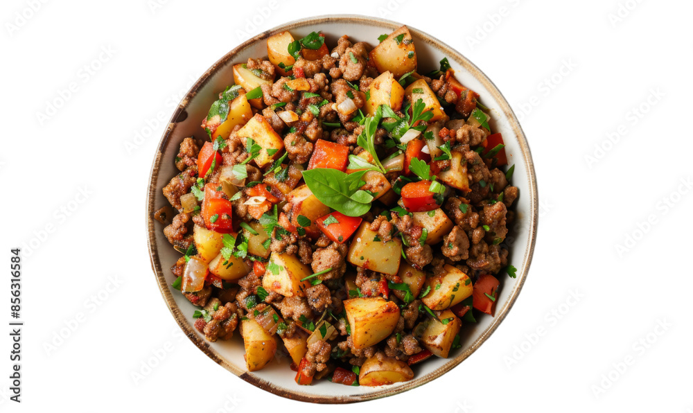 Delicious Ground Beef and Potato Skillet Dish with Fresh Herbs and Vegetables Delicious Ground Beef and Potato Skillet Dish with Fresh Herbs and Vegetables