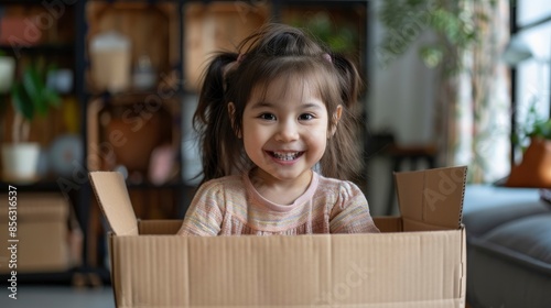 Happy Child Girl Shopper Unpacking A Cardboard Box Delivery, Excited By Her Online Shopping © VizGen
