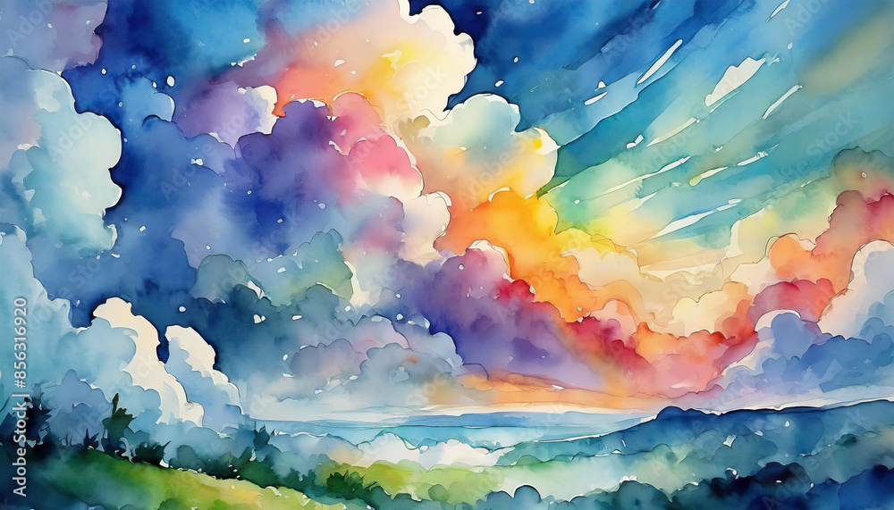 Watercolor landscape with mountains, clouds and sunset. Watercolor landscape with mountains, clouds and sunset.