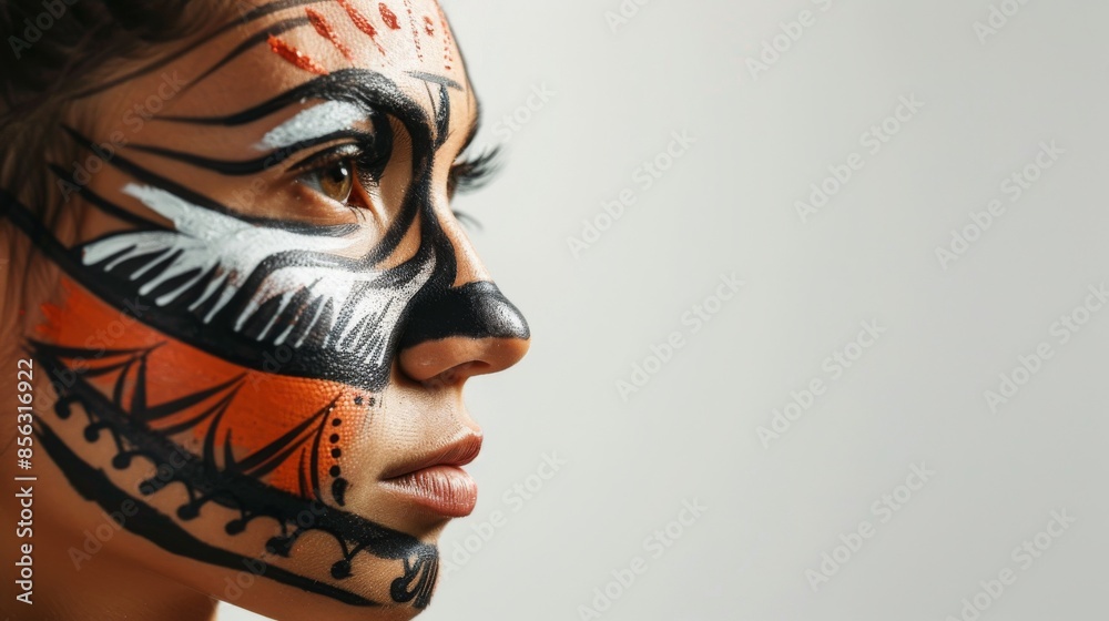 A close-up of a womans face painted with black, white, and orange geometric designs A close-up of a womans face painted with black, white, and orange geometric designs