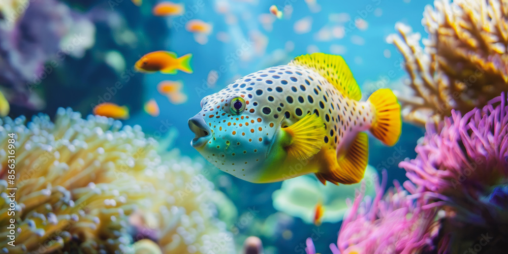 Obraz premium Colorful pufferfish swimming near coral reef
