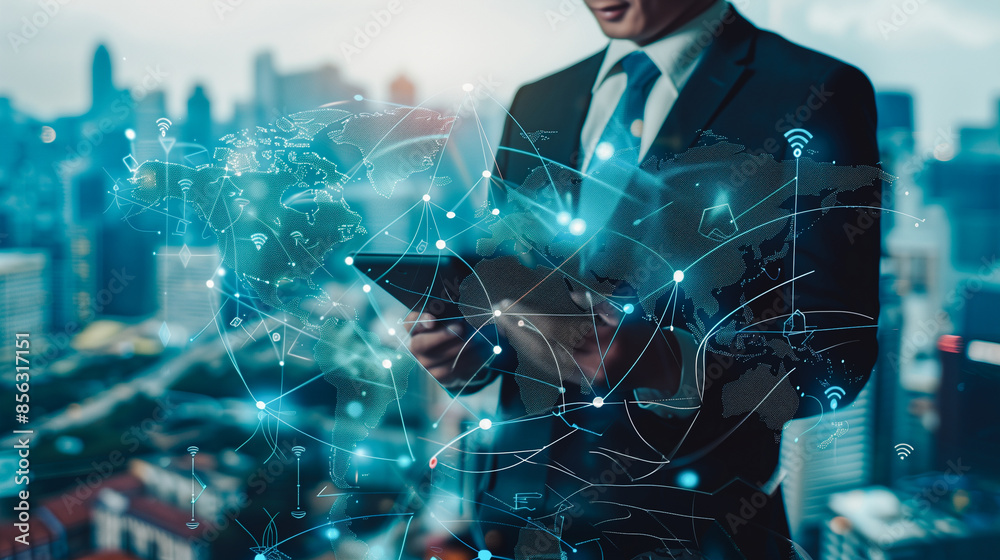 A businessman in a suit interacts with a digital network overlay on a tablet, set against a blurred cityscape, representing the integration of digital networks into urban life. A businessman in a suit interacts with a digital network overlay on a tablet, set against a blurred cityscape, representing the integration of digital networks into urban life.