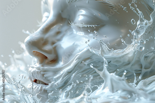 Water droplets splashing on a clean, clear face, illustrating the refreshing effect of cleansing foam removing oil from the skin, 3D rendering