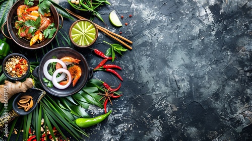 Top view composition of diverse Asian food ingredients against a dark backdrop.