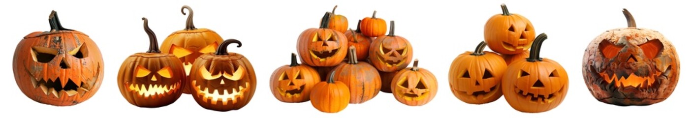 Set of Jack O Lantern Halloween pumpkin in pile single group on transparent background cutout. PNG file. Many assorted different design. Mockup template for artwork design