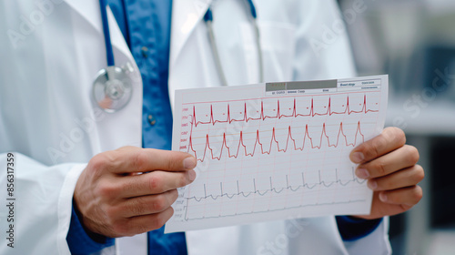 A healthcare professional examines an electrocardiogram (ECG) reading, focusing on the precise measurement of heart rhythms, critical for diagnostic accuracy in cardiac care. photo