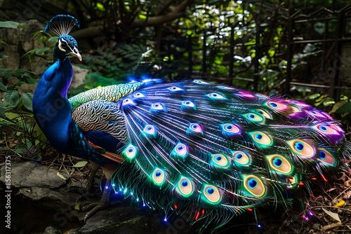 A majestic Apex peacock with feathers made of shimmering, colorful light photo