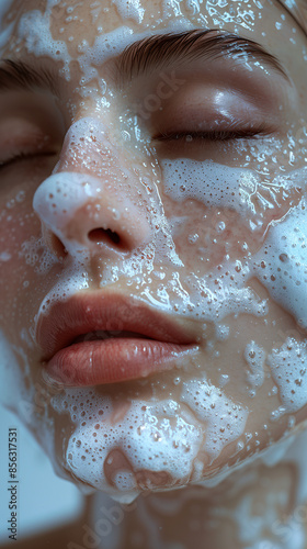 A serene face with cleansing foam being applied, highlighting the removal of excess oil and impurities from the skin, 3D rendering