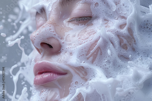 A serene face with cleansing foam being applied, highlighting the removal of excess oil and impurities from the skin, 3D rendering