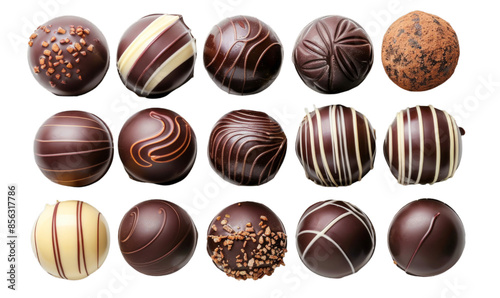 Assorted Gourmet Chocolate Truffles in Various Decorative Designs for Gourmet Confectionery, Dessert Menu, Holiday Gifting, and Food Photography