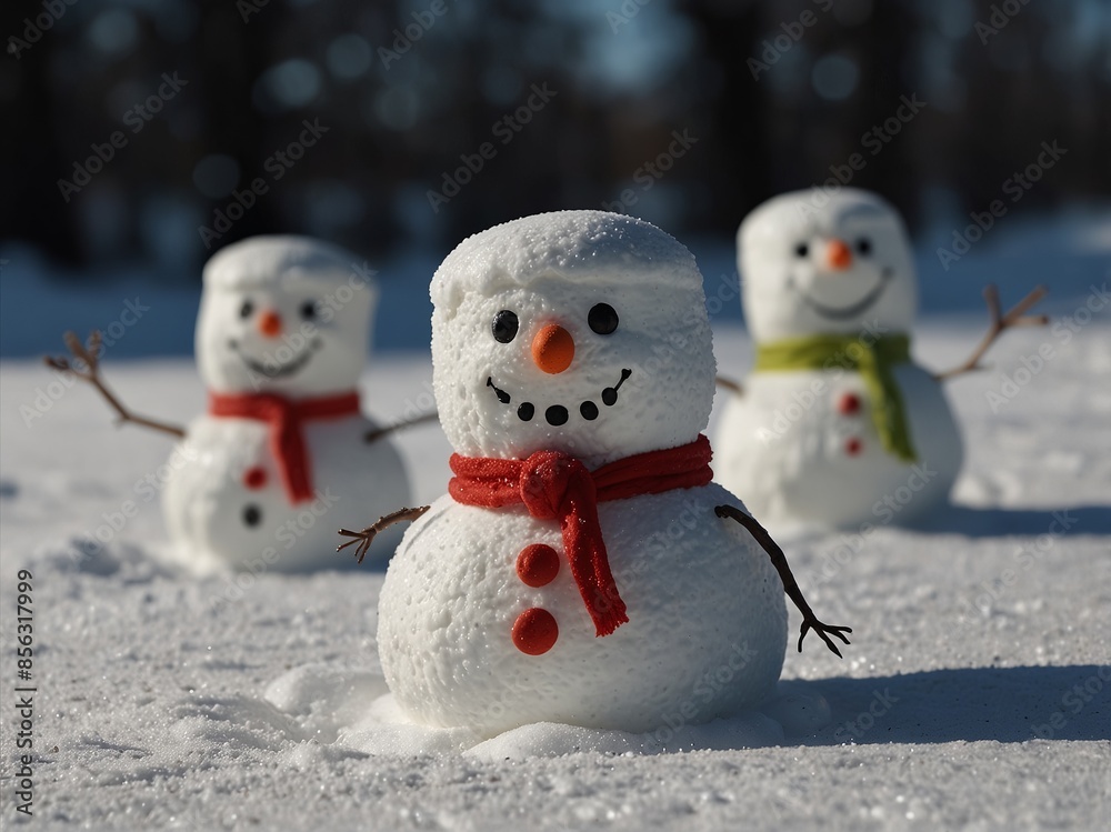 Fototapeta premium Happy funny marshmallow snowmans on snow.