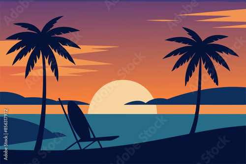 silhouette of beach chairs, surfboards and palm trees against a sunset sky with the sun in the style of vector style