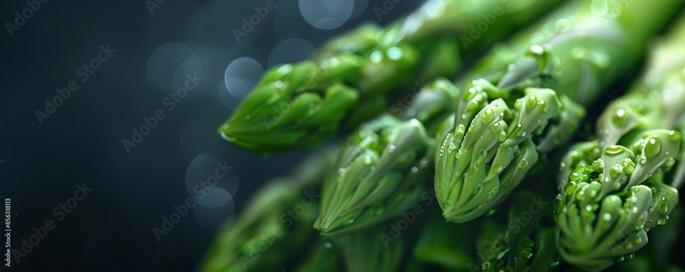 Obraz premium Close-up of raw asparagus tips with a blurred background.