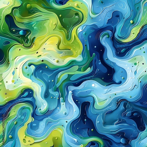 Abstract fluid art with vibrant green, blue, and yellow swirling patterns, dynamic marbled texture, and colorful waves - Generative AI