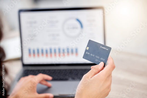 Hands, credit card and person on laptop for stock market, fintech ux or cryptocurrency charts. Buy, financial trader or screen of technology for typing account, banking investment or finance growth