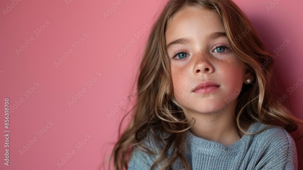Large, Detailed Studio Portrait Of A Young Caucasian Girl In A Gray Outfit Against A Pink Background, Looking Serene Large, Detailed Studio Portrait Of A Young Caucasian Girl In A Gray Outfit Against A Pink Background, Looking Serene