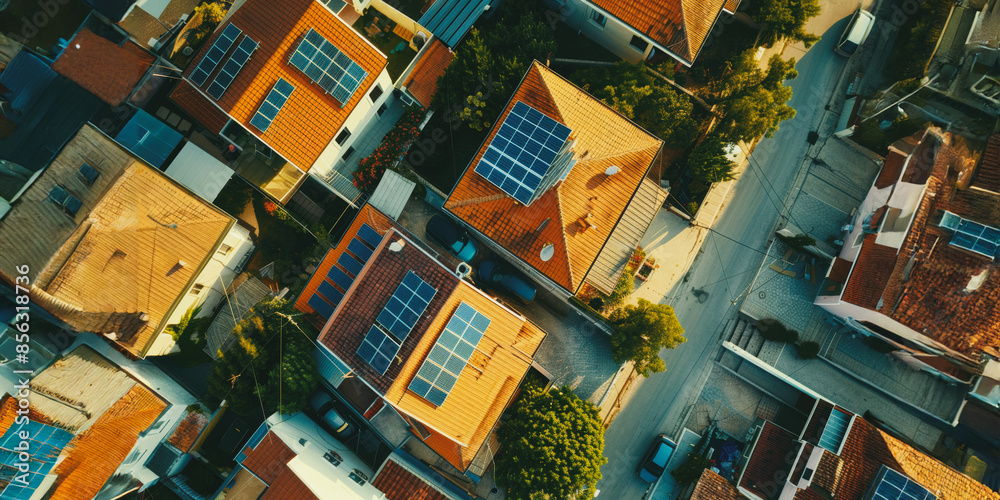 Fototapeta premium Aerial view of residential homes with solar panels on rooftops