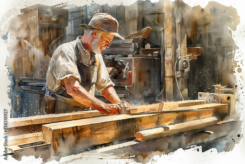 Watercolor painting of a male carpenter sawing wood in a sawmill.