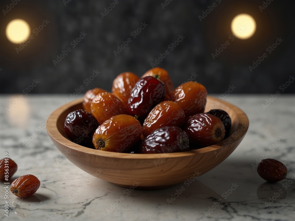 sweet dates out of wooden bowl on marble surface. sweet dates out of wooden bowl on marble surface.