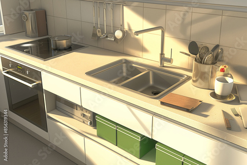 modern kitchen interior, Kitchen in a modern style with a light worktop featuring a sink, stove, oven, and kitchen utensils, with green boxes under the countertop, 3D rendering with perfect lighting photo