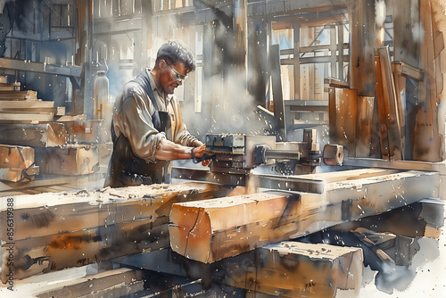 Watercolor painting of a male carpenter sawing wood in a sawmill.