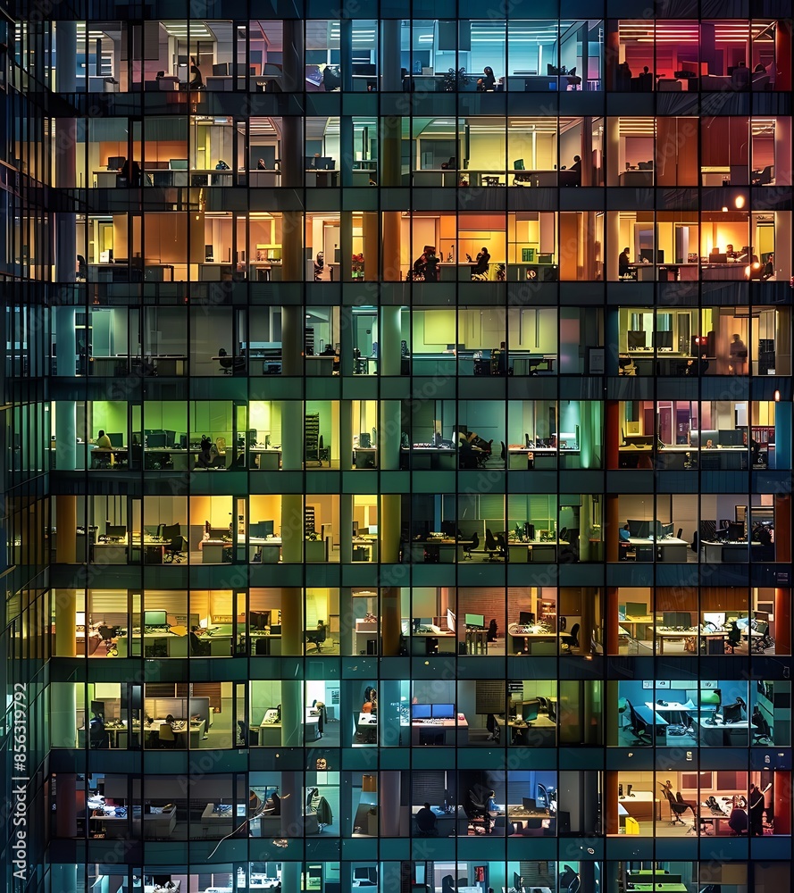 Night Shift Hustle: Urban office building aglow with worker dedication - Generative AI Night Shift Hustle: Urban office building aglow with worker dedication - Generative AI