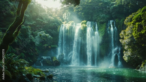 A majestic waterfall plunges into a tranquil pool surrounded by vibrant greenery