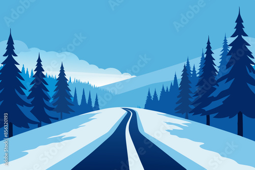 Landscape of a winter road in a pine forest. Beautiful winter road in snowdrifts among large trees in snowy weather,unique