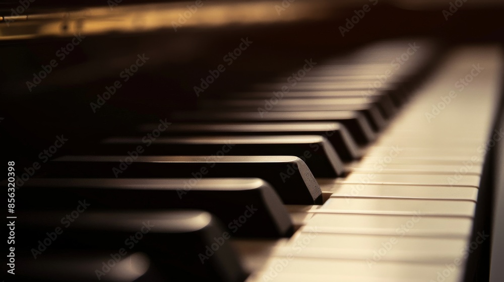 Sunset illuminates piano keys, creating detailed view Sunset illuminates piano keys, creating detailed view