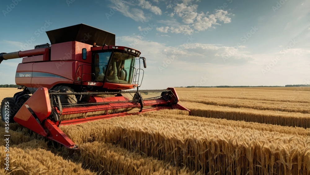 Fototapeta premium sustainable grain harvest. Show golden fields of wheat or barley with a combine harvester in the background. Emphasize eco-friendly farming practices with elements like windbreaks