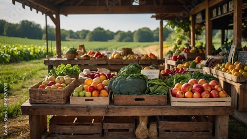 farmers market stand displaying a variety of fresh, organic produce. Include baskets and crates filled with colorful fruits and vegetables like apples, carrots, and leafy greens. 