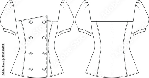 square neck double breasted buttoned  princess darted balloon short sleeve blouse shirt template technical drawing flat sketch cad mockup fashion woman design style model
