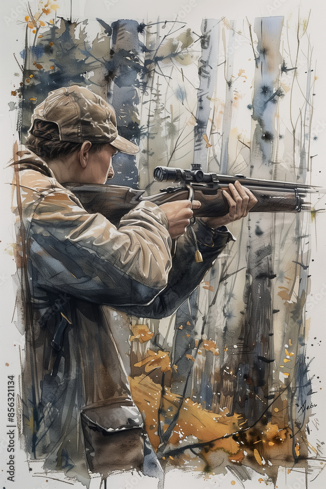 Fototapeta premium Watercolor painting of a male hunter using a gun in the forest.