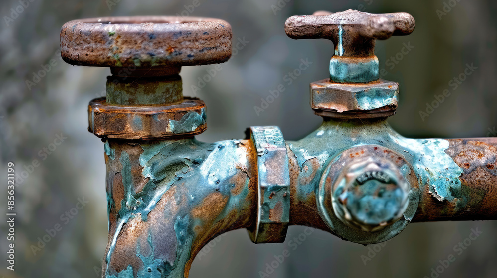 Closeup of a green rusty faucet with two handles Closeup of a green rusty faucet with two handles