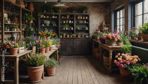 charming floral shop filled with colorful bouquets and potted plants, arranged on wooden shelves and adorned with rustic decor