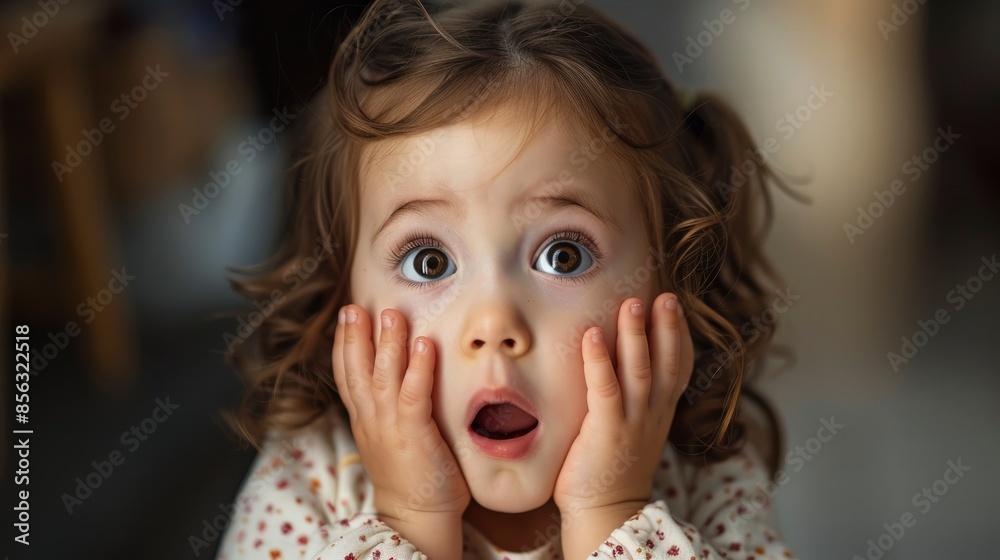 A Surprised Toddler Girl With Hands On Her Cheeks, Her Face Glowing With Shock And Delight A Surprised Toddler Girl With Hands On Her Cheeks, Her Face Glowing With Shock And Delight