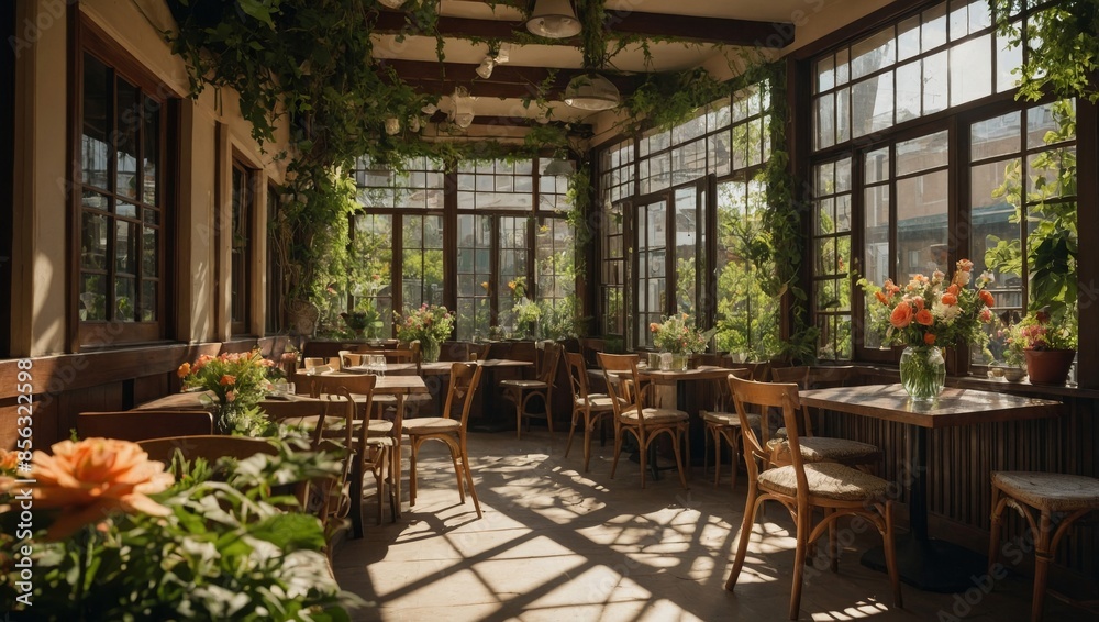 cozy corner in a quaint garden cafe, featuring tables adorned with elegant floral centerpieces, surrounded by lush greenery and dappled sunlight filtering through overhead trellises cozy corner in a quaint garden cafe, featuring tables adorned with elegant floral centerpieces, surrounded by lush greenery and dappled sunlight filtering through overhead trellises