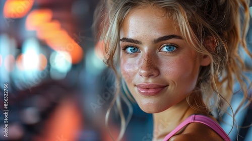 Woman Using a Body Fat Analyzer in a Fitness Center Generative AI © Alex