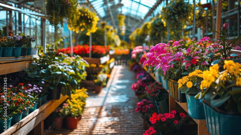 A Vibrant Garden Center, Full Of Colorful Plants And Flowers A Vibrant Garden Center, Full Of Colorful Plants And Flowers