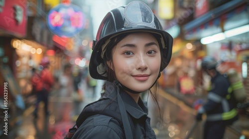 Young female firefighter in uniform and helmet smiling in an urban street with blurred background